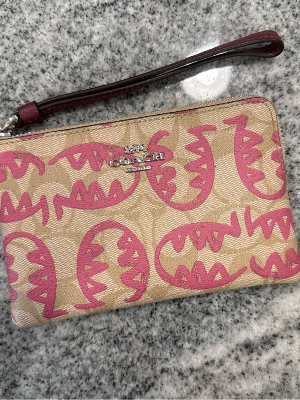 Coach Beige Signature Canvas Wristlet with Pink Graffiti Print